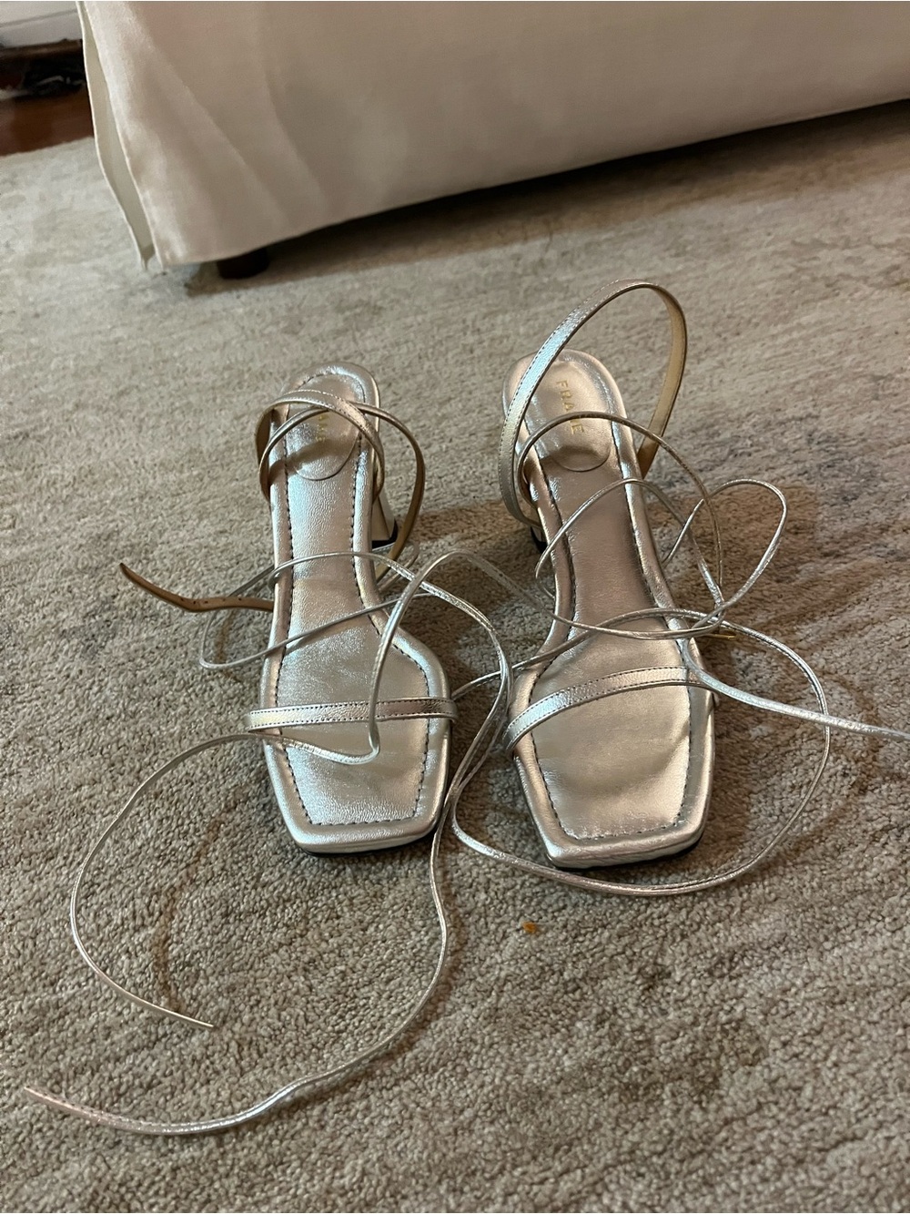 Frame Strappy Metallic Silver Lace-Up Sandals